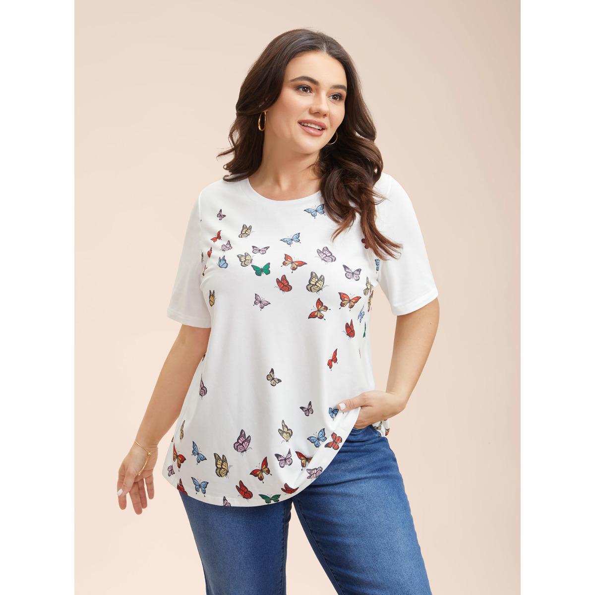 Plus Size Butterfly Print Stretchy T-Shirt Opticwhite Women Casual Non Butterfly Round Neck Everyday T-shirts BloomChic 22-24/3X Product Image