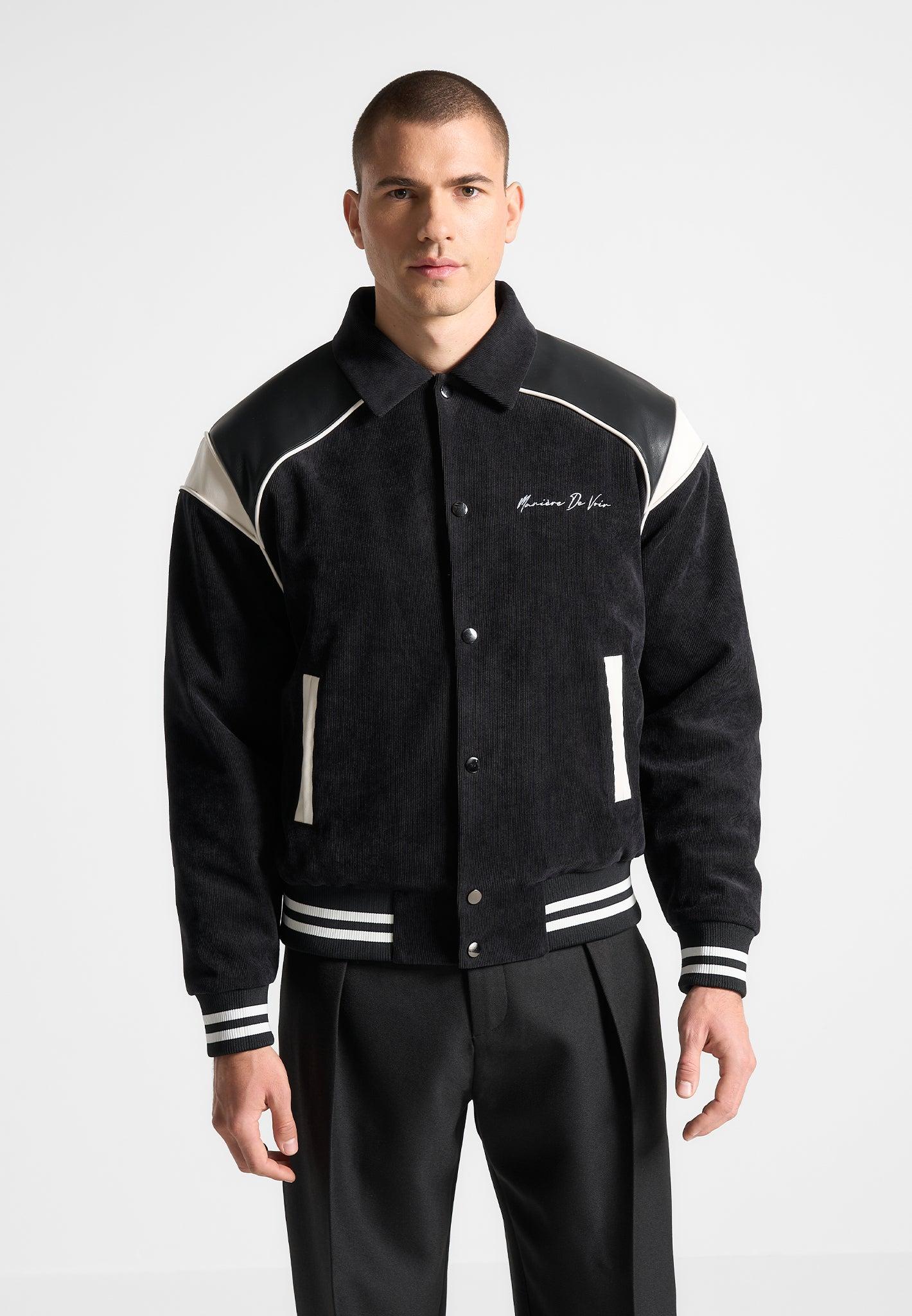 Raglan Corduroy Eiffel Varsity Jacket - Black Male Product Image