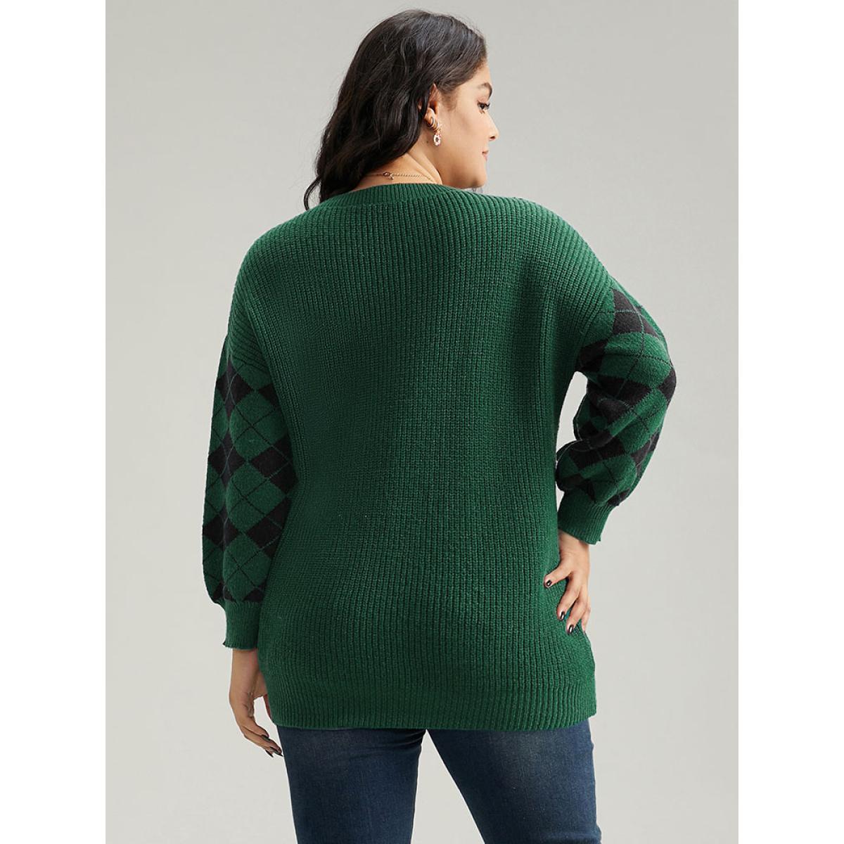 Plus Size Anti-Pilling Plaid Contrast V Neck Elastic Cuffs Pullover DarkGreen Women Casual Loose Long Sleeve V-neck Festival-Christmas Pullovers BloomChic 28/5X Product Image