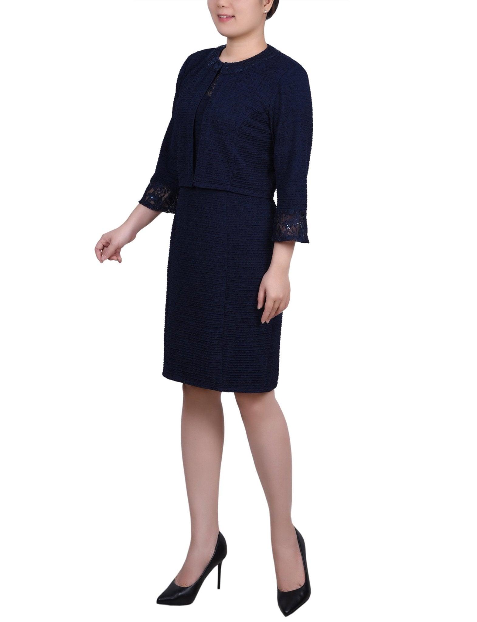 Navy Two Piece Novelty Knit and Lace Dress Set - Petite Product Image