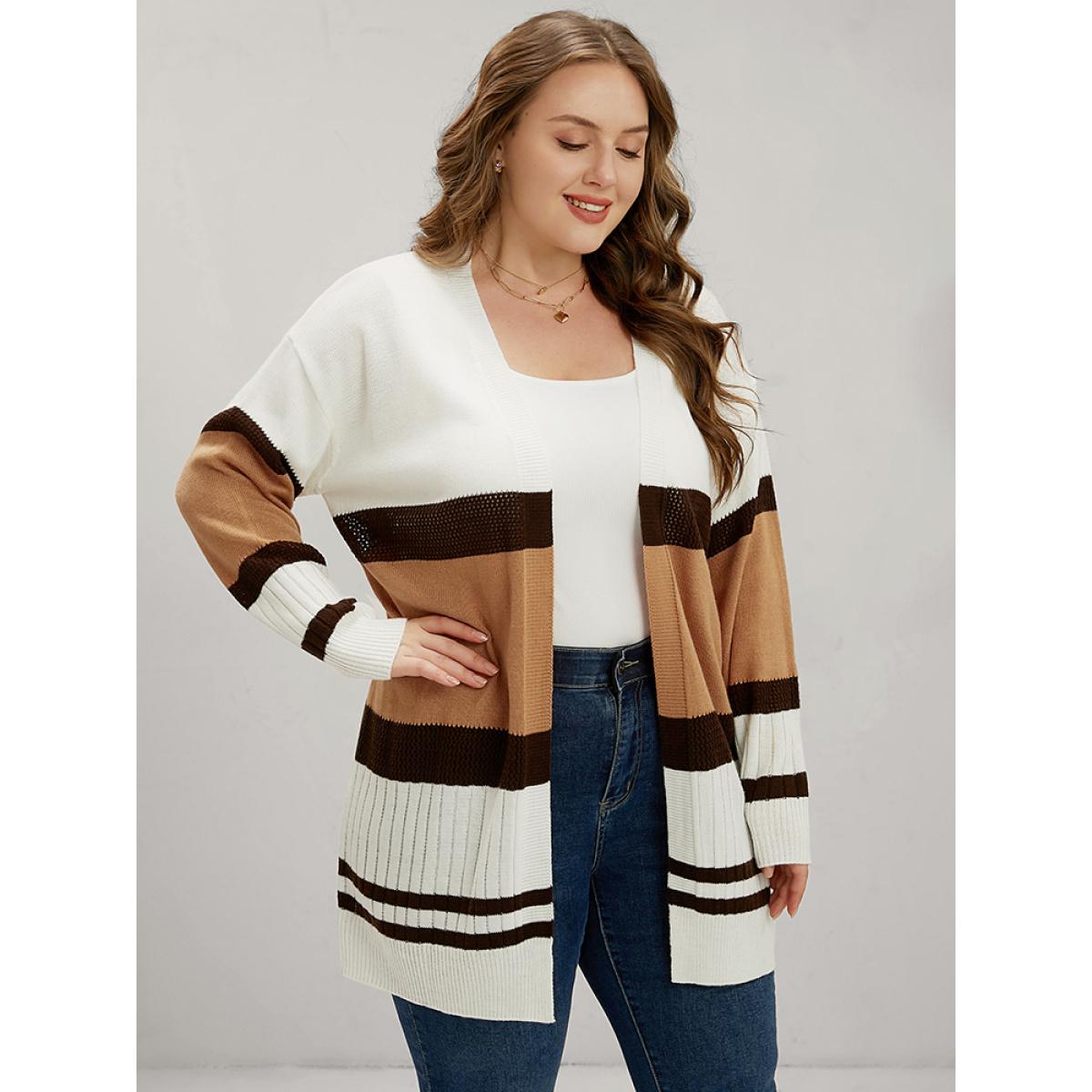 Plus Size Colorblock Contrast Pointelle Knit Eyelet Open Front Cardigan Multicolor Women Casual Loose Long Sleeve Dailywear Cardigans BloomChic 10/M Product Image