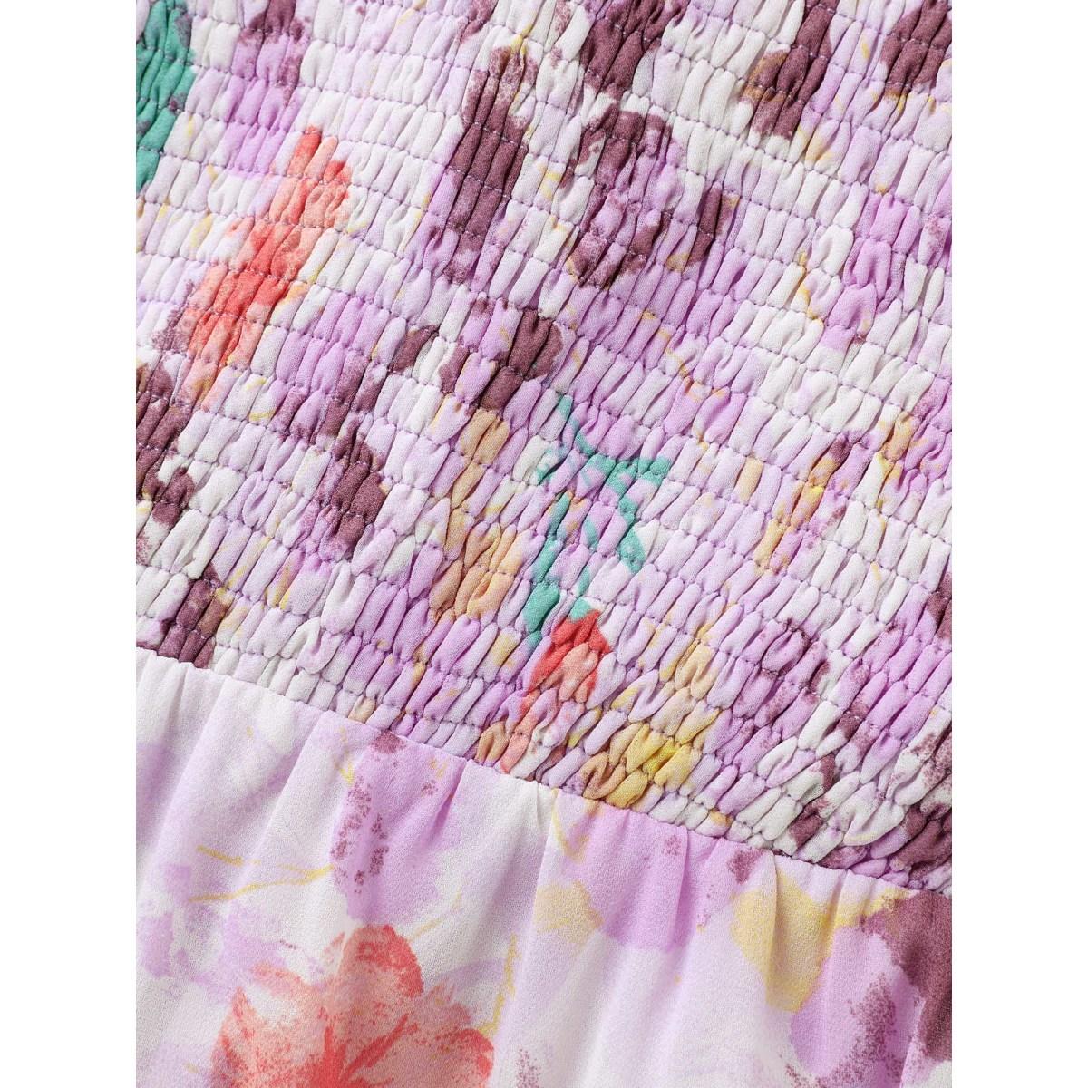 Plus Size Lilac Floral Print Shirred Bodice Blouse Women Short sleeve V-neck Elegant Blouses BloomChic 28/5X Product Image