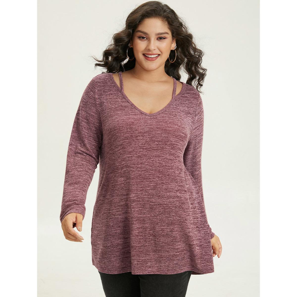 Plus Size Solid Heather V Neck Cut Out T-shirt Burgundy Women Casual Heather Plain V-neck Everyday T-shirts BloomChic 18-20/2X Product Image