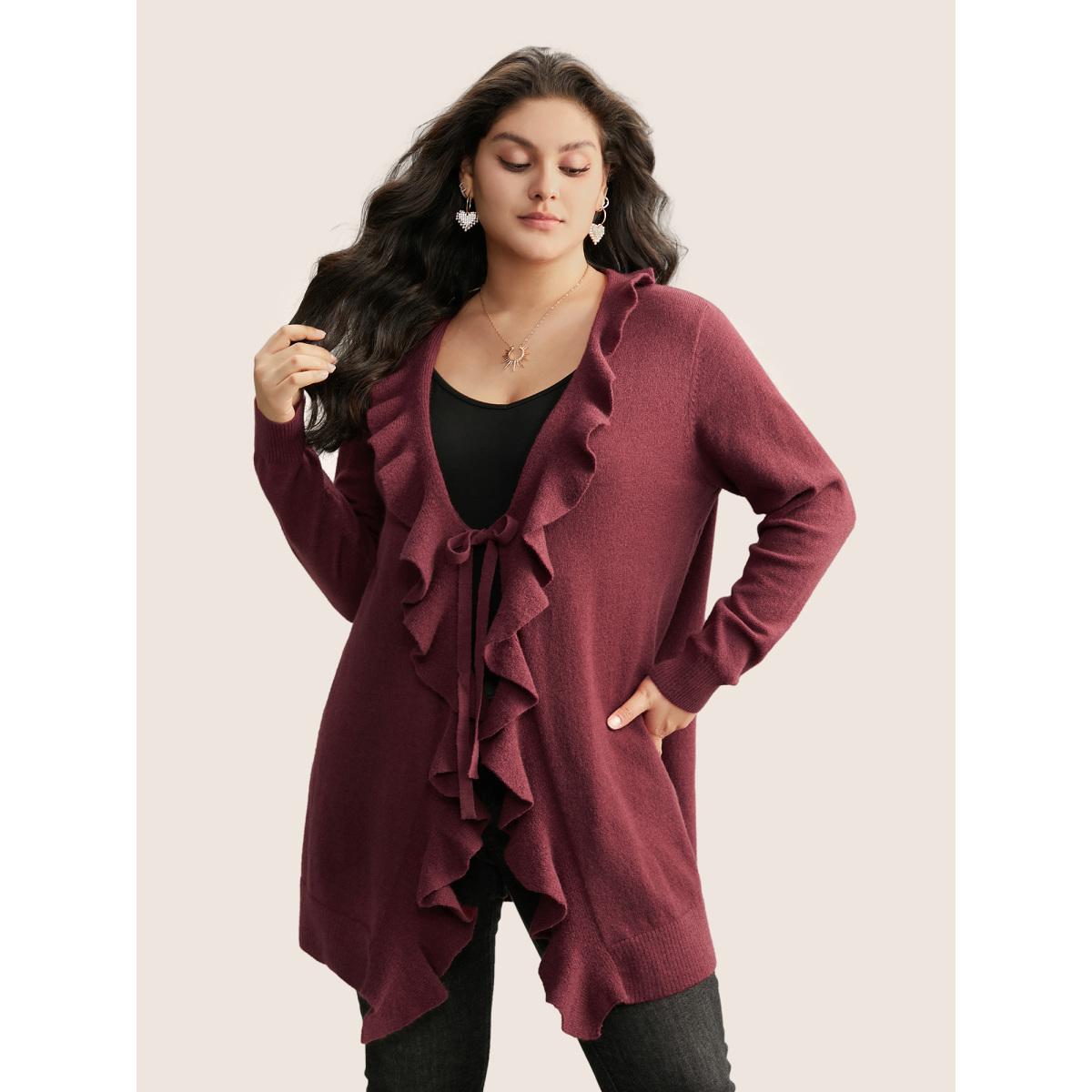 Plus Size Supersoft Essentials Solid Ruffle Trim Ties Cardigan Scarlet Women Leisure Long Sleeve Casual Cardigans BloomChic 10/M Product Image