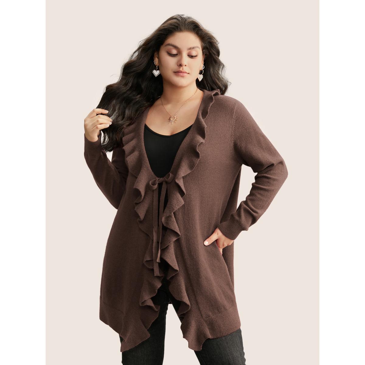 Plus Size Supersoft Essentials Solid Ruffle Trim Ties Cardigan DarkBrown Women Elegant Long Sleeve Everyday Cardigans BloomChic 18-20/2X Product Image