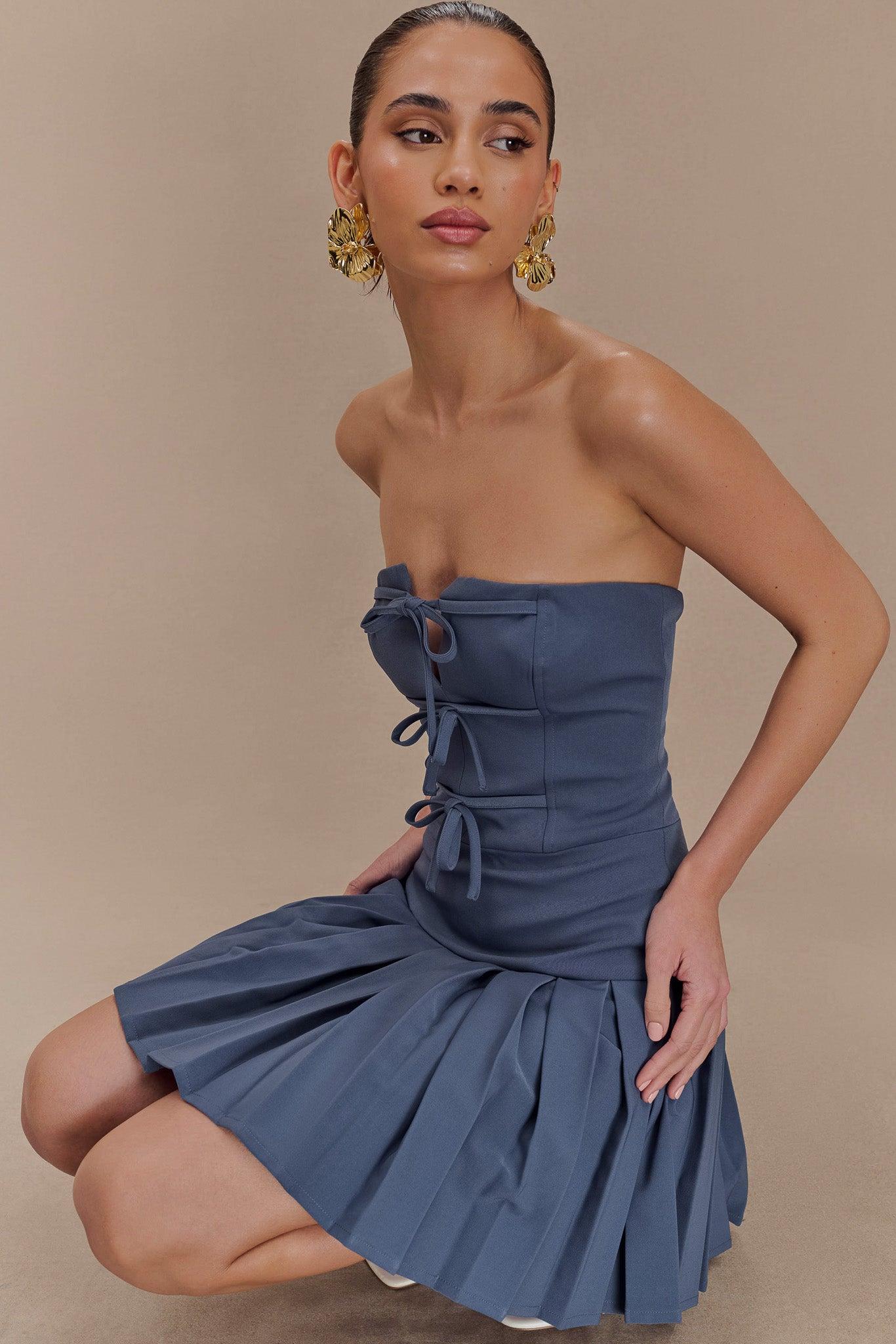 Naya Pleated Mini Dress With Ties - Steel Product Image