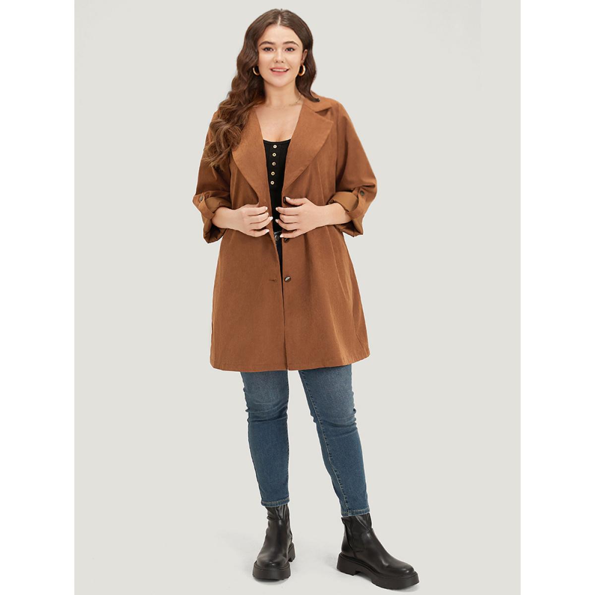 Plus Size Plain Corduroy Belted Bowknot Roll Tab Sleeve Coat Women Bronze Casual Plain Ladies Dailywear Winter Coats BloomChic 12/L Product Image