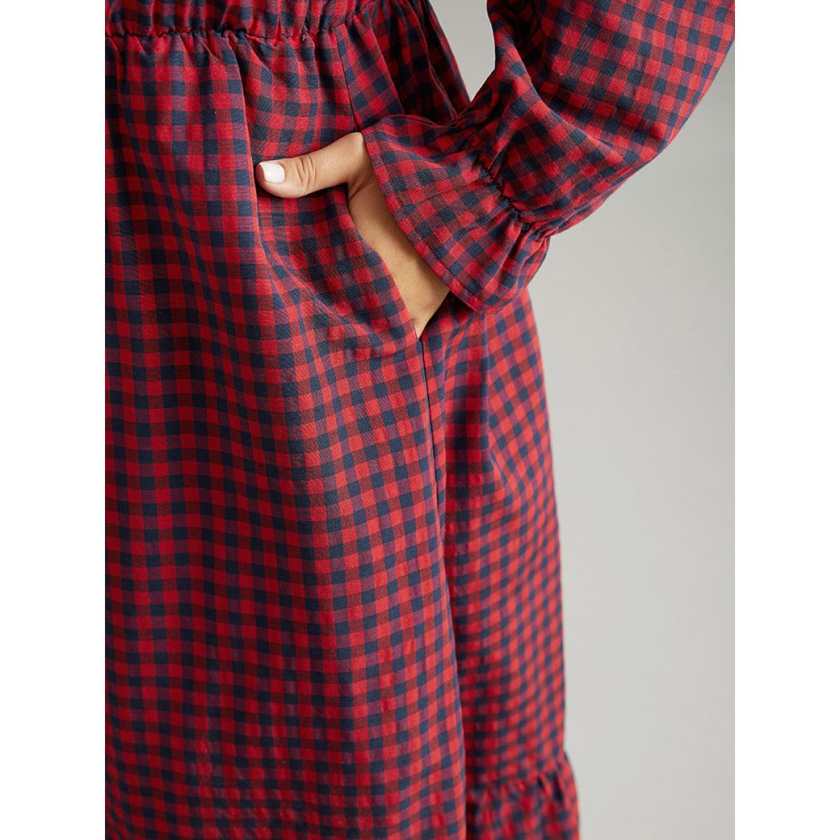 Plus Size Gingham Square Neck Shirred Gathered Ruffles Dress Scarlet Women Casual Gathered Square Neck Long Sleeve Curvy Midi Dress BloomChic 22-24/3X Product Image