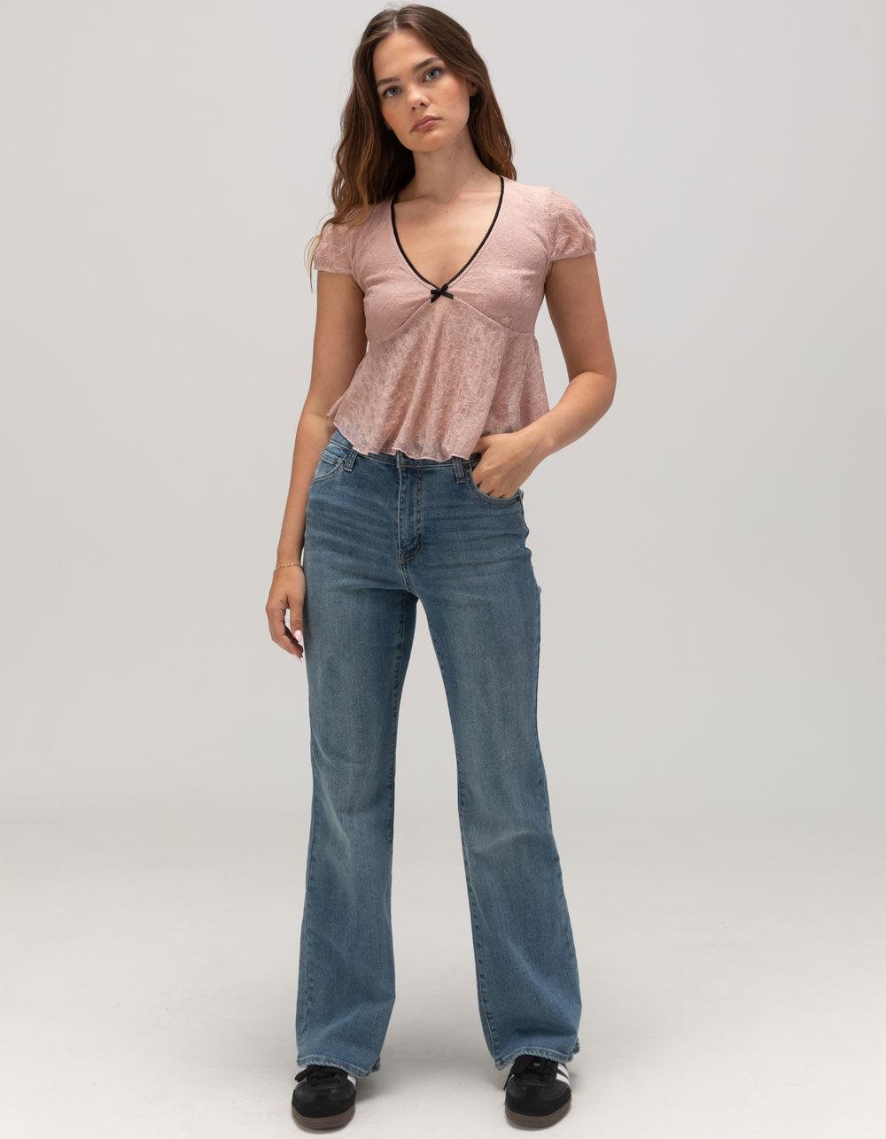 FULL TILT Lace V-Neck Womens Top - BLUSH Product Image