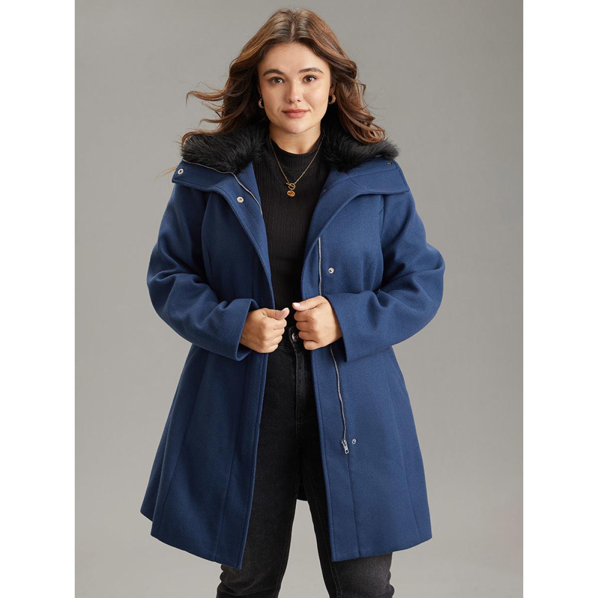 Plus Size Plain Fuzzy Trim Zipper Belted Coat Women DarkBlue Casual Lined Ladies Dailywear Winter Coats BloomChic 30/6X Product Image