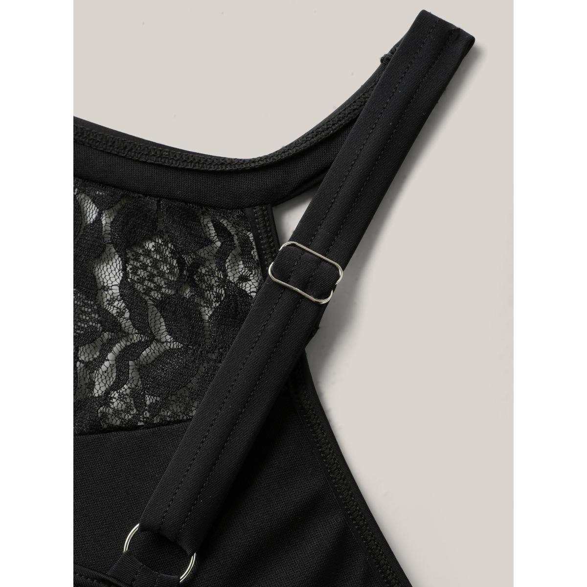 Plus Size Lace Sheer Slit Adjustable Straps Swim Dress Women's Swimwear Black Resort Bodycon Halter neck High stretch Curve Swim Dresses BloomChic 18-20/2X Product Image