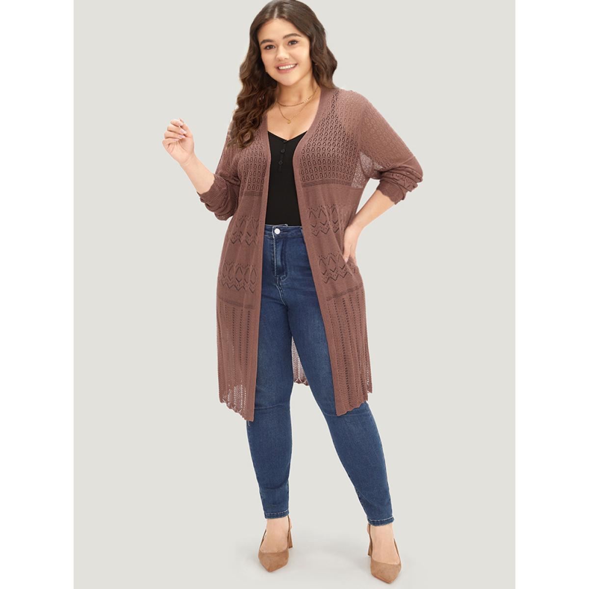 Plus Size Geometric Eyelet Open Front Maxi Cardigan Rust Women Casual Loose Long Sleeve Everyday Cardigans BloomChic 26/4X Product Image