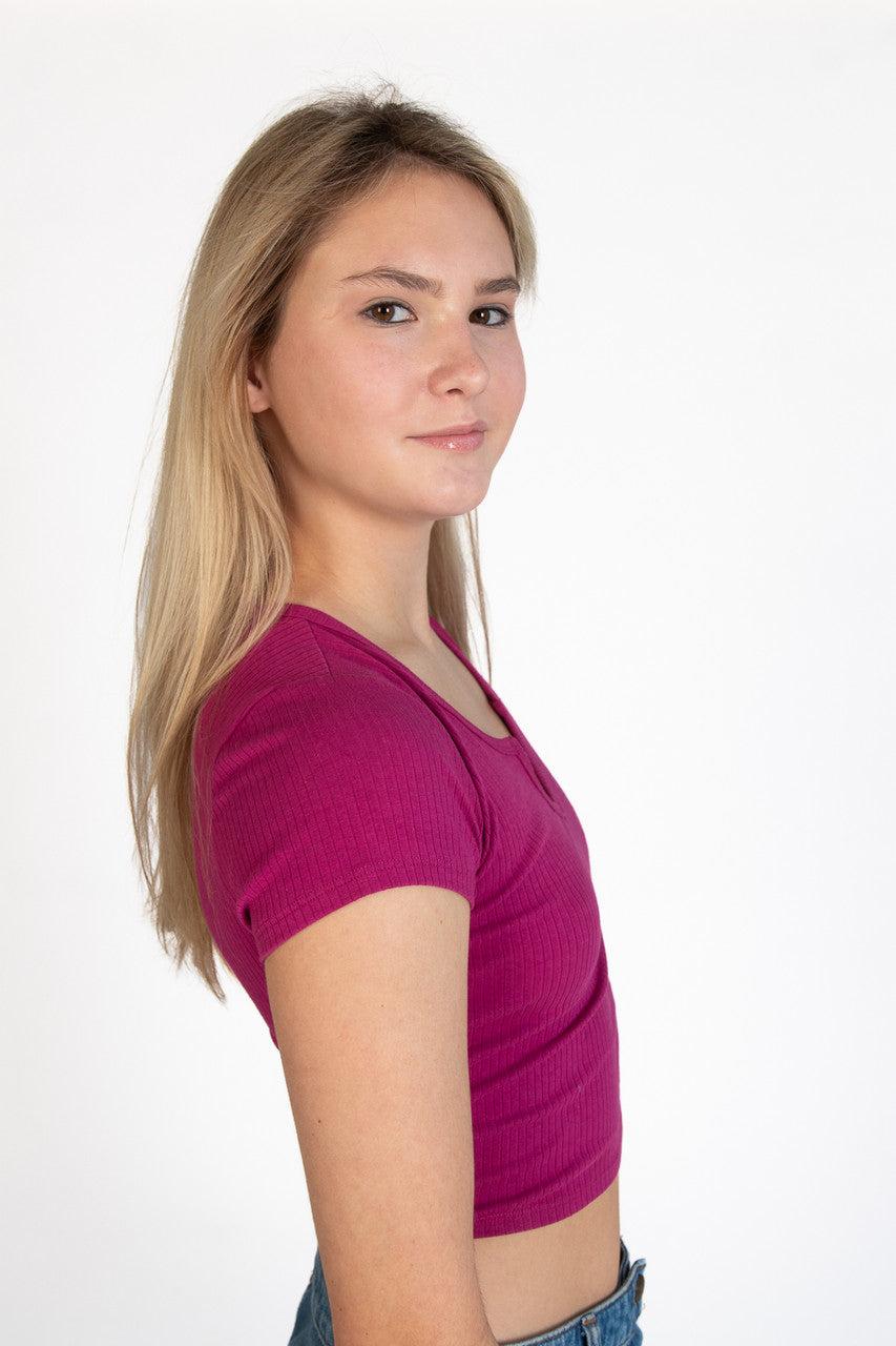 Magenta Notched Ribbed Crop Tee Product Image