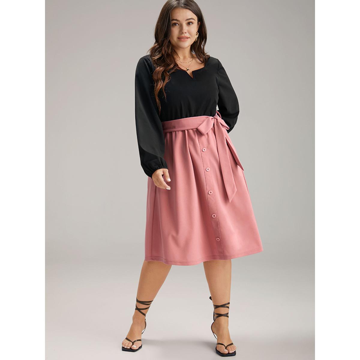 Plus Size Contrast Patchwork Button Detail Belted Dress Rouge Women At the Office Elastic cuffs Notched collar Long Sleeve Curvy Midi Dress BloomChic 22-24/3X Product Image