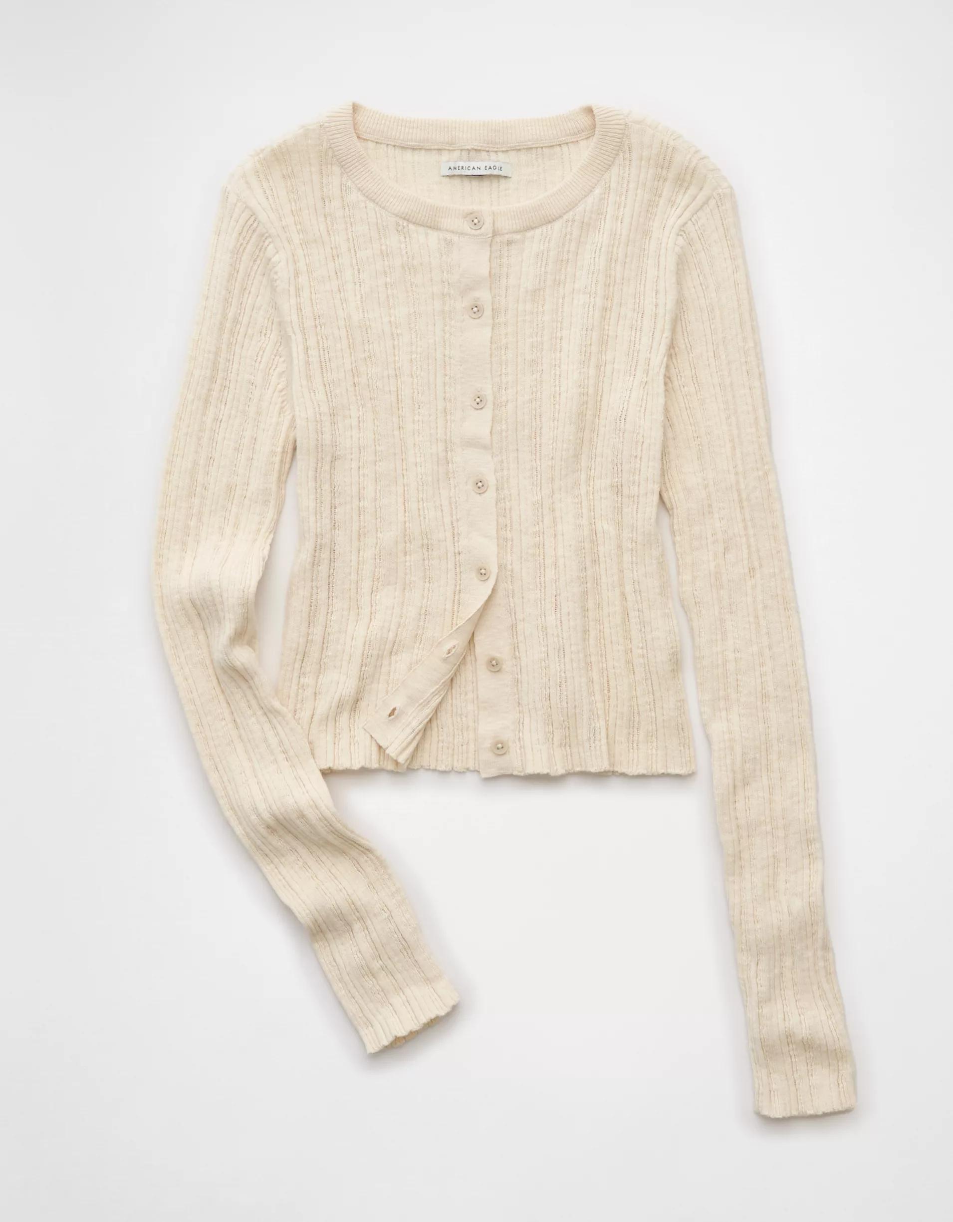 AE Ribbed Crew Neck Cardigan Product Image