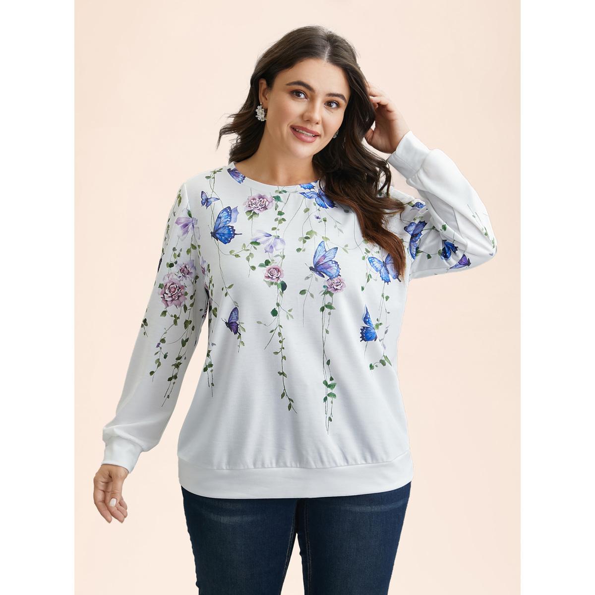 Plus Size Butterfly Print Stretchy Round Neck Sweatshirt Women WhiteSmoke Elegant Non Round Neck Everyday Sweatshirts BloomChic 10/M Product Image