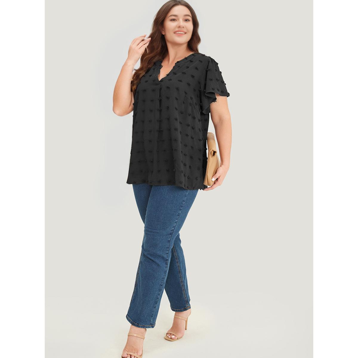 Plus Size Black Polka Dot Notched Neck Flutter Sleeve Blouse Women Office Short sleeve Notched collar Dailywear Blouses BloomChic 14-16/1X Product Image
