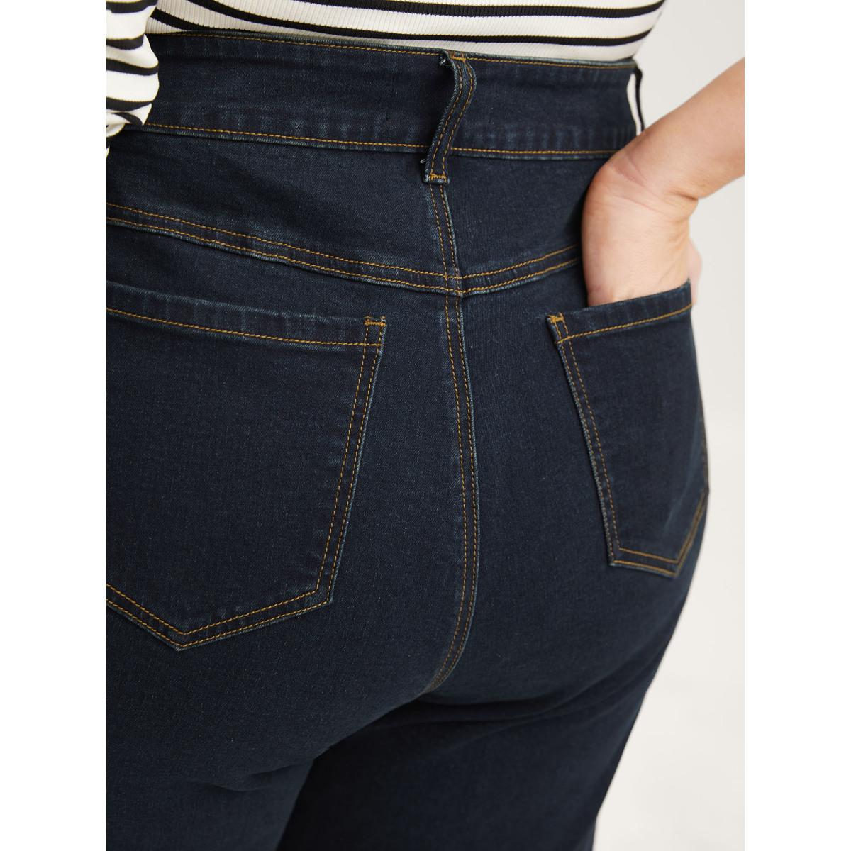 Plus Size Stretch Cuffed Hem Butt-Lifting Straight-Leg Jeans Women Denimindigo Leisure High stretch Slanted pocket Jeans BloomChic 18/2X Product Image