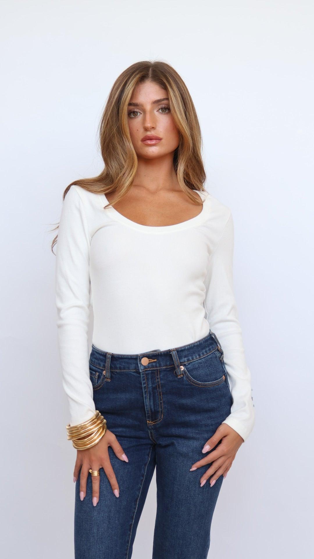 Ribbed Cotton Scoop Neck Long Sleeve Top Product Image
