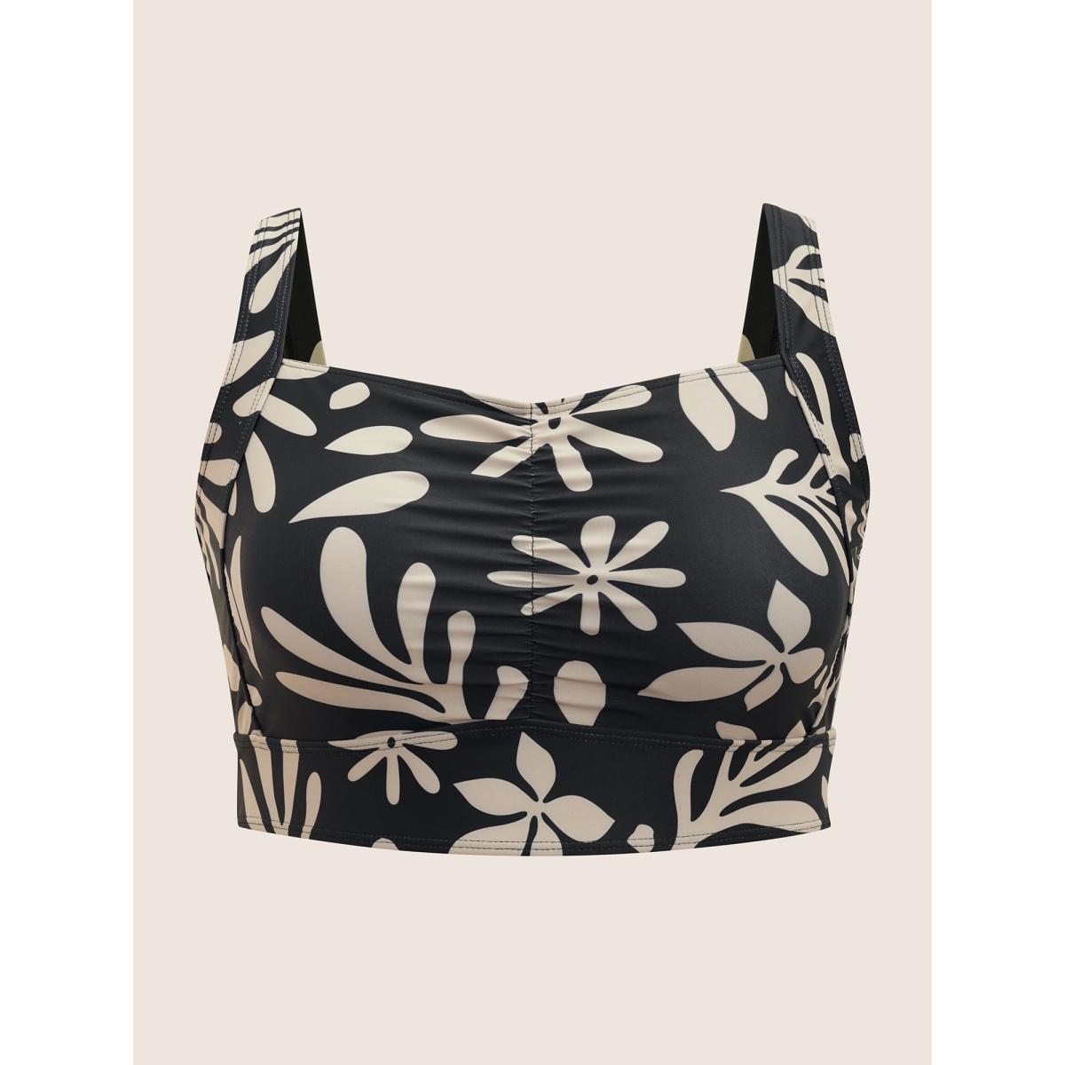 Plus Size Natural Flowers Ruched Heart Neckline Swim Top Women's Swimwear Black Beach Gathered High stretch Skinny Heart neckline Curve Swim Tops BloomChic 18-20/2X Product Image