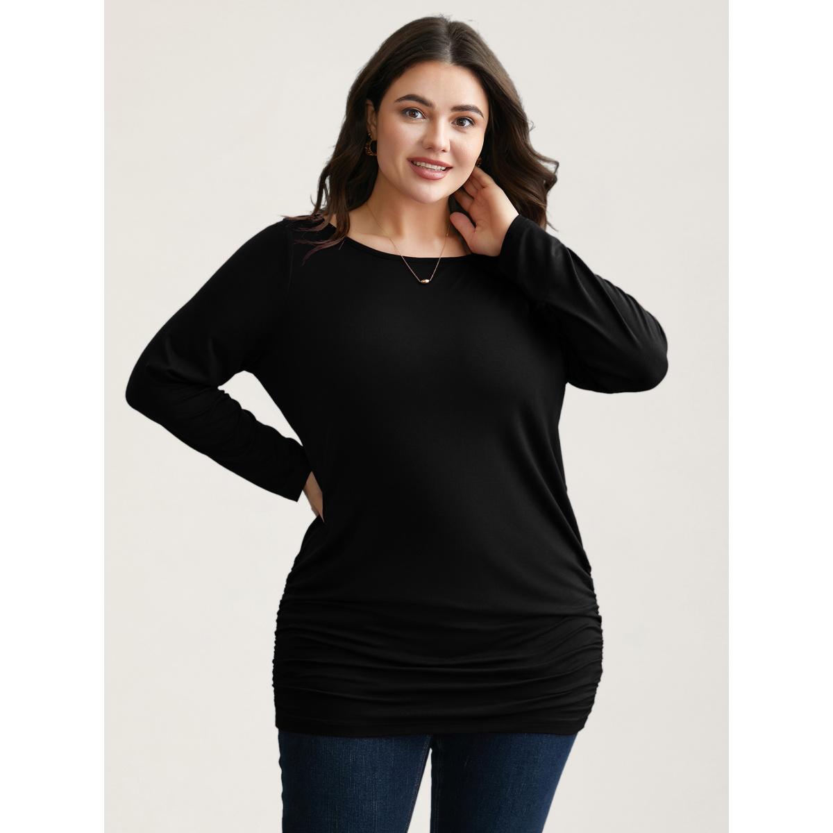 Plus Size Very Stretchy Supersoft Slim-Fit T-shirt Black Women Elegant Gathered Boat Neck Everyday T-shirts BloomChic 18-20/2X Product Image