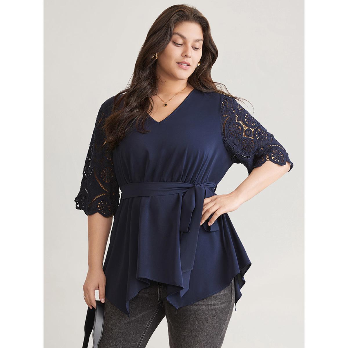 Plus Size Indigo Lace Patchwork Belted Hanky Hem Blouse Women Elegant Half Sleeve V-neck Work Blouses BloomChic 14-16/1X Product Image