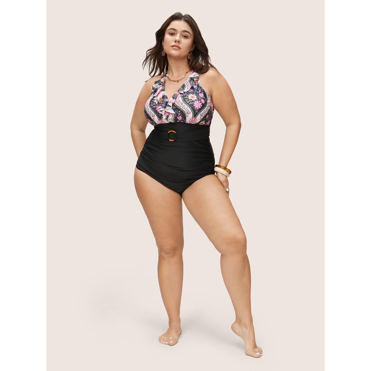Plus Size Floral Flutters Buckle Detail One Piece Swimsuit Women's Swimwear Black Beach Non Curve Bathing Suits High stretch One Pieces BloomChic 22-24/3X Product Image