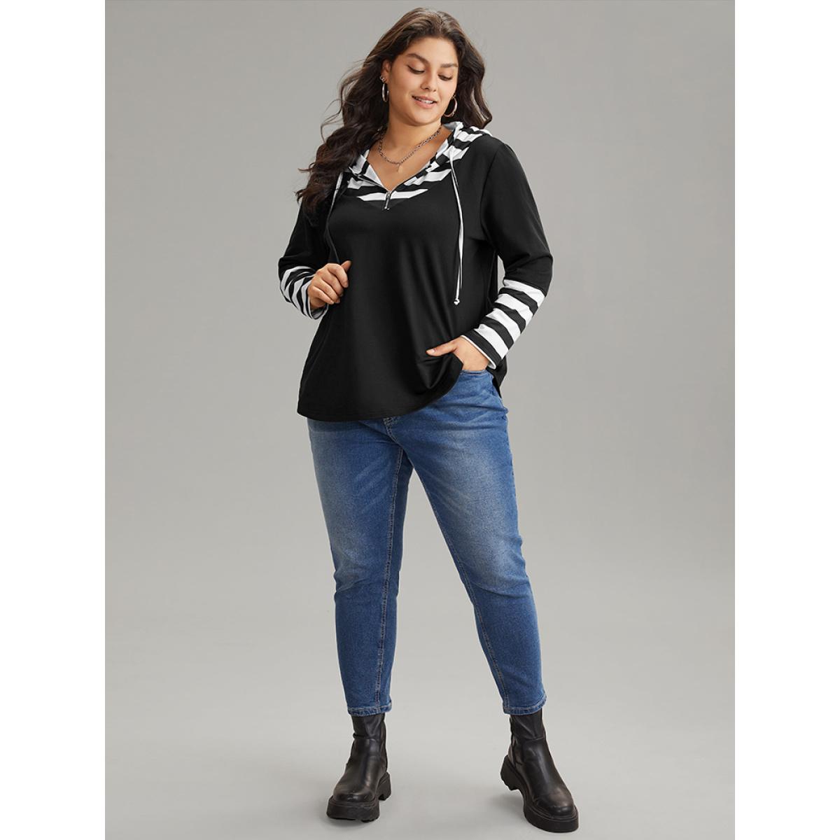 Plus Size Striped Patchwork Hooded Half Zip Sweatshirt Women Black Casual Zipper Hooded Dailywear Sweatshirts BloomChic 30/6X Product Image