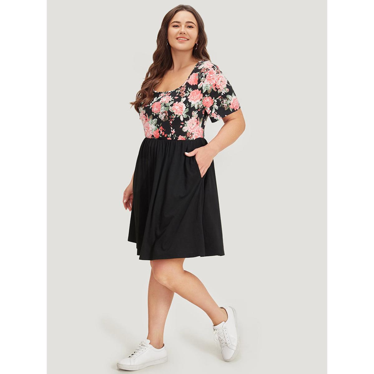 Plus Size Supersoft Essentials Floral Print Patchwork Square Neck Dress Black Women Casual Contrast Square Neck Short sleeve Curvy Knee Dress BloomChic 30/6X Product Image