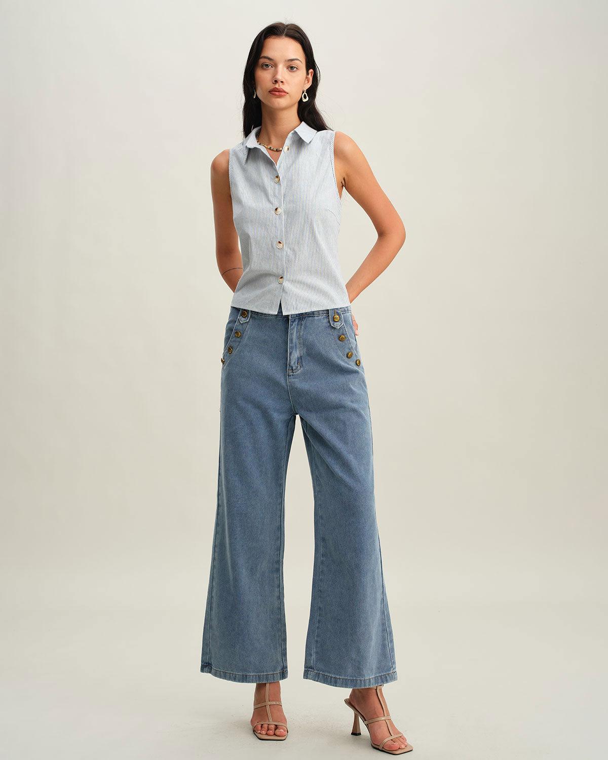 Blue Striped Button Sleeveless Blouse Product Image