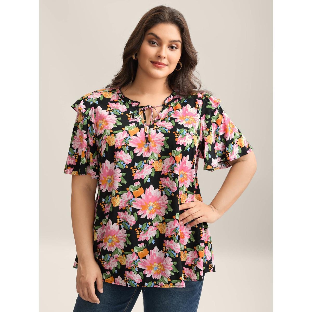 Plus Size Multicolor Large Flower Print Layered Sleeve Shirt Women Short sleeve Notched collar Elegant Blouses BloomChic 26/4X Product Image
