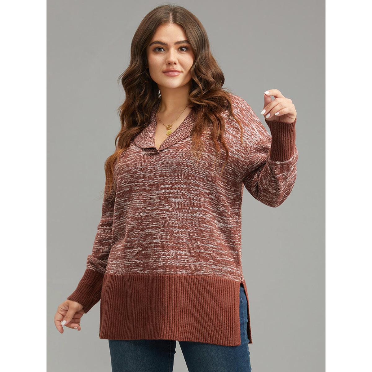 Plus Size Heather Lapel Collar Contrast Patchwork Pullover Rust Women Casual Loose Long Sleeve Lapel Collar Dailywear Pullovers BloomChic 10/M Product Image