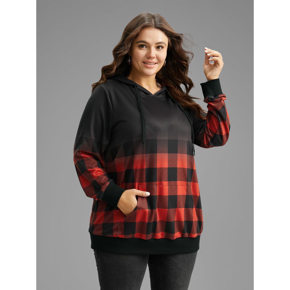 Plus Size Rib Knit Ombre Plaid Pocket Hooded Sweatshirt Women Red Casual Rib Knit Hooded Festival-Christmas Sweatshirts BloomChic 18-20/2X Product Image
