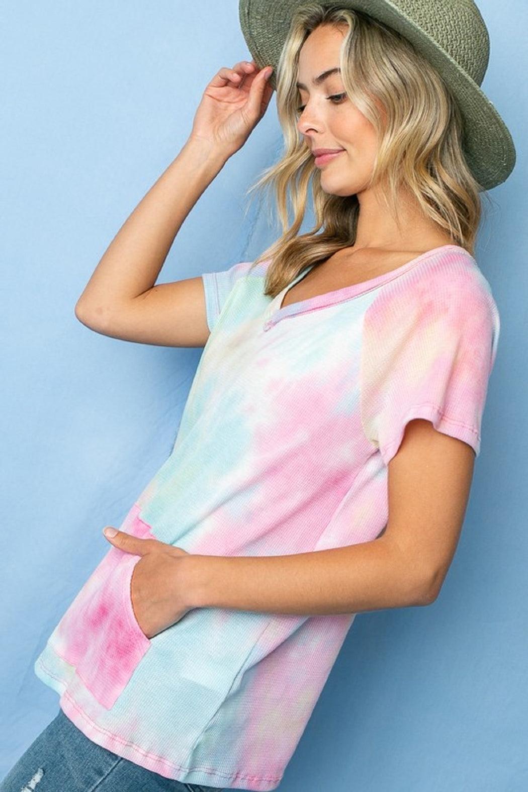 Pink Multicolor V Neck Waffle Top Product Image