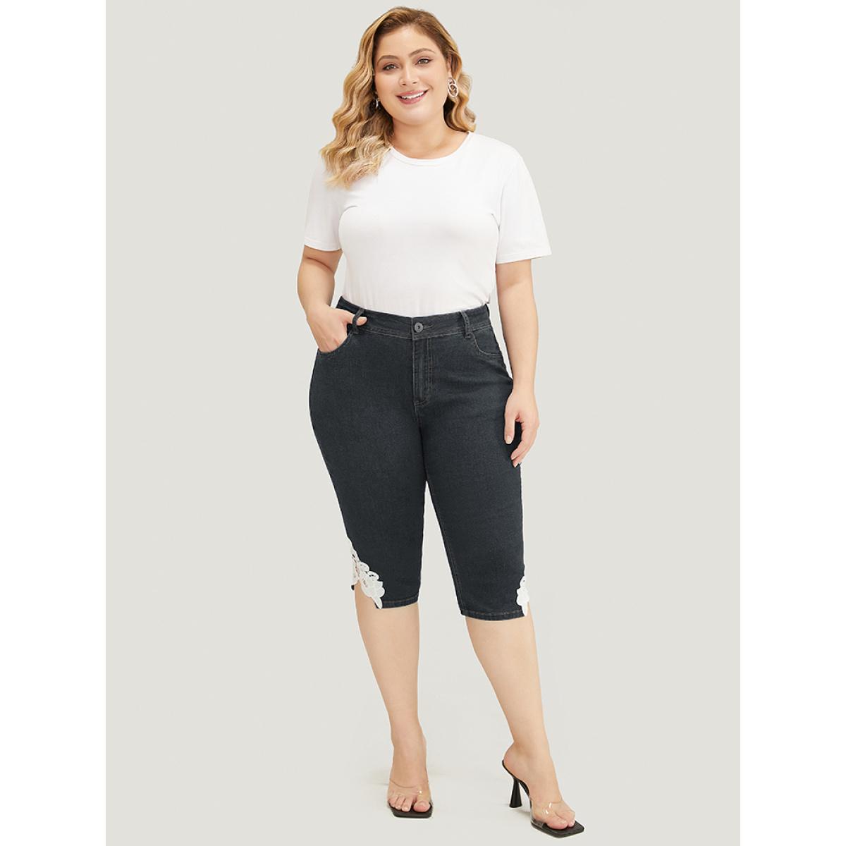 Plus Size Very Stretchy High Rise Medium Wash Guipure Lace Knee Denim Shorts Women DimGray High stretch Everyday Patch pocket Casual Denim Shorts BloomChic 24/3X Product Image