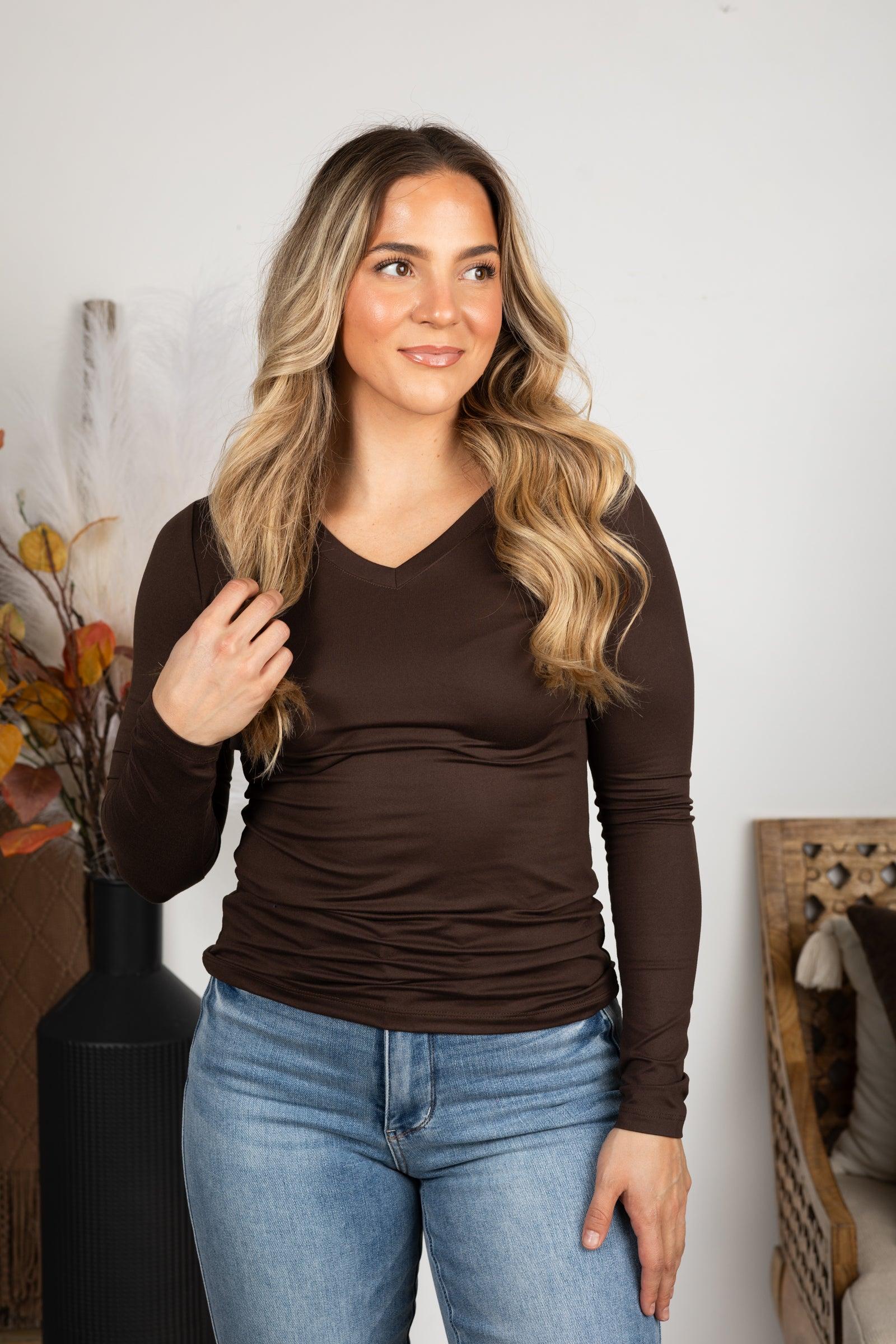 Brushed Microfiber Long Sleeve V-Neck Knit Top Product Image