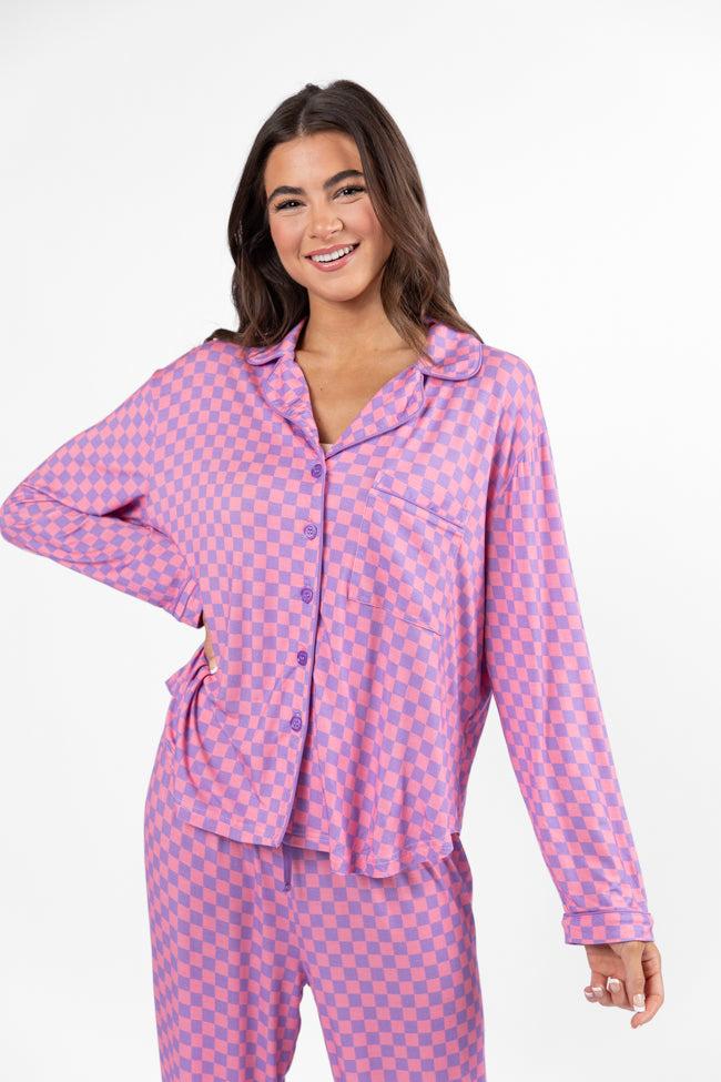Good To Get Away Light Pink and Lilac Checkered Long Sleeve Pajama Top FINAL SALE Product Image