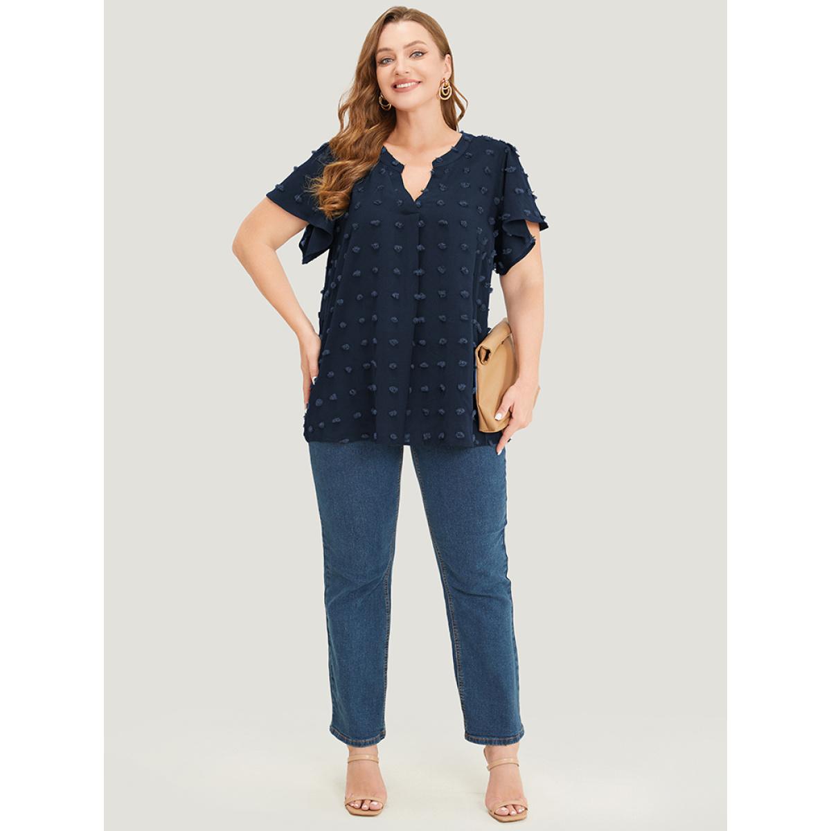 Plus Size Indigo Polka Dot Notched Neck Flutter Sleeve Blouse Women Office Short sleeve Notched collar Dailywear Blouses BloomChic 10/M Product Image