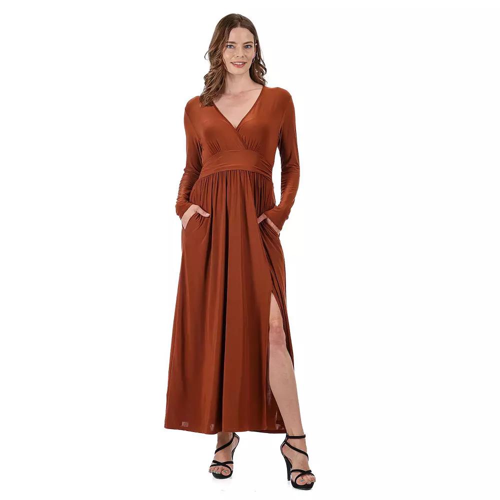Women's 24Seven Comfort Apparel Long Sleeve V-Neck Side Slit Maxi Dress,  Product Image