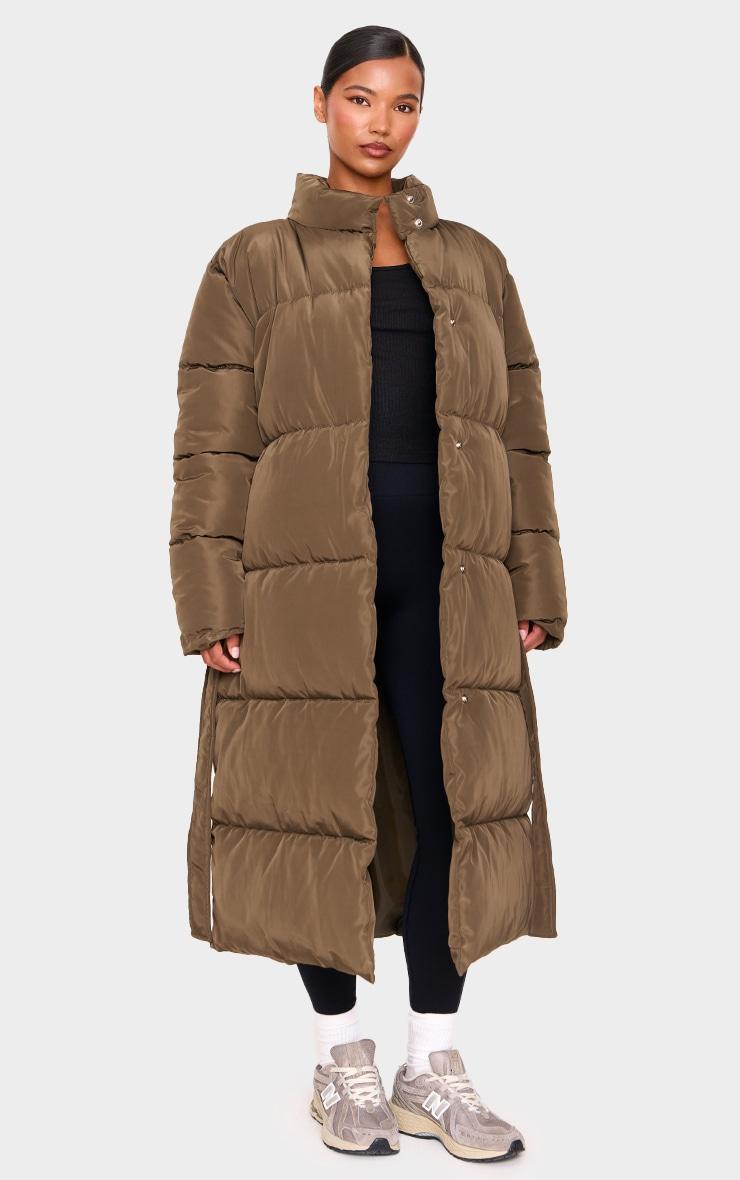 Khaki Quilted Longline Tie Waist Puffer Coat Product Image