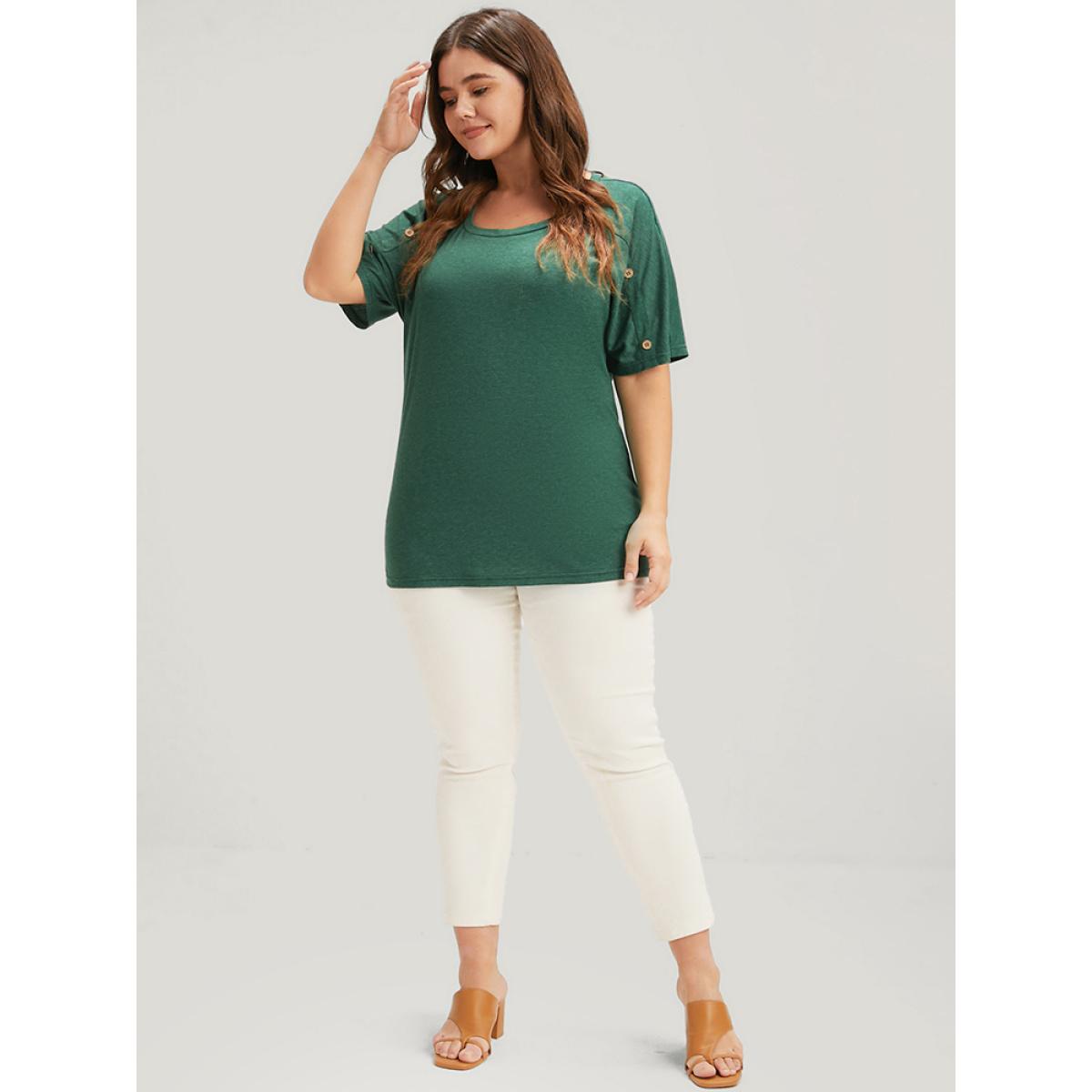 Plus Size Solid Round Neck Button Raglan Sleeve Modal T-shirt Green Women Casual Button Plain Round Neck Dailywear T-shirts BloomChic 14-16/1X Product Image