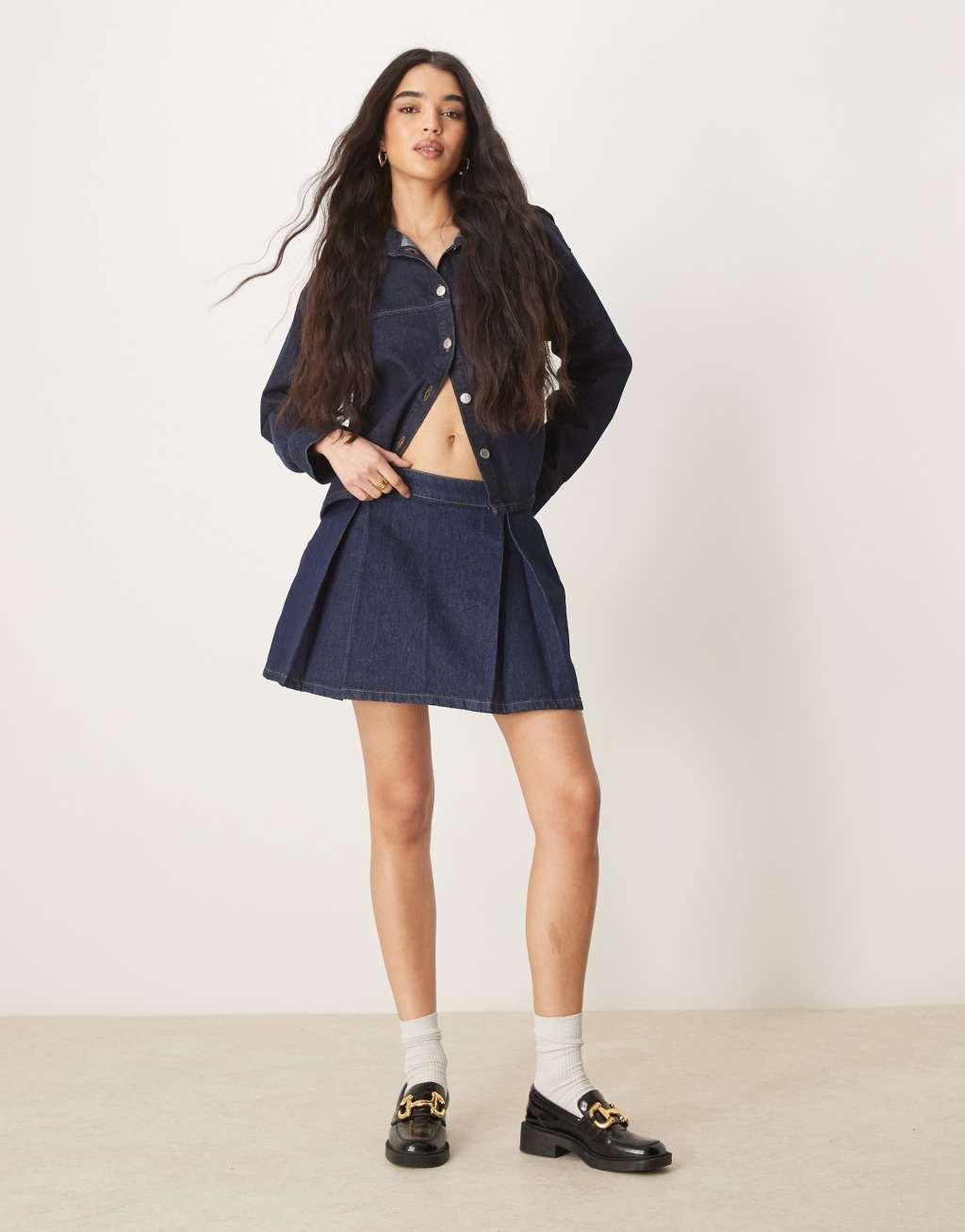 ASOS DESIGN denim pleated mini skirt in rinse wash Product Image
