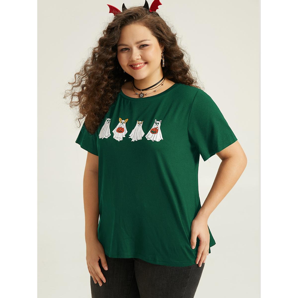 Plus Size Supersoft Essentials Halloween Print Crew Neck T-shirt Green Women Casual Printed Halloween Festival-Halloween T-shirts BloomChic 26/4X Product Image