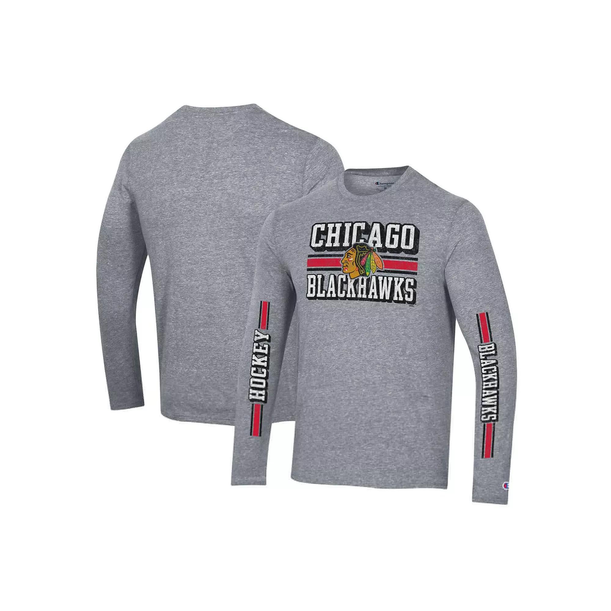 Men's Champion Heather Gray Chicago Blackhawks Tri-Blend Dual-Stripe Long Sleeve T-Shirt,  Product Image