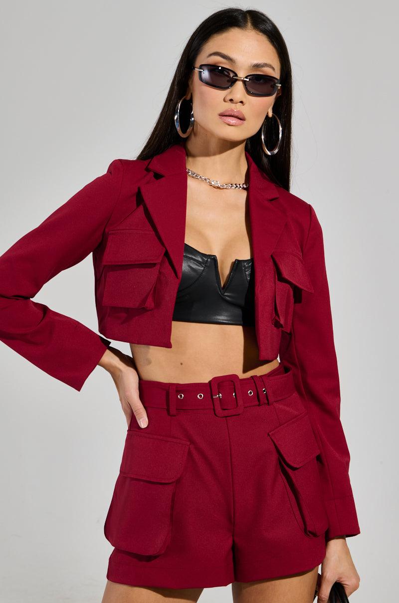 BETTER LUCK CROP BLAZER IN BURGUNDY Product Image