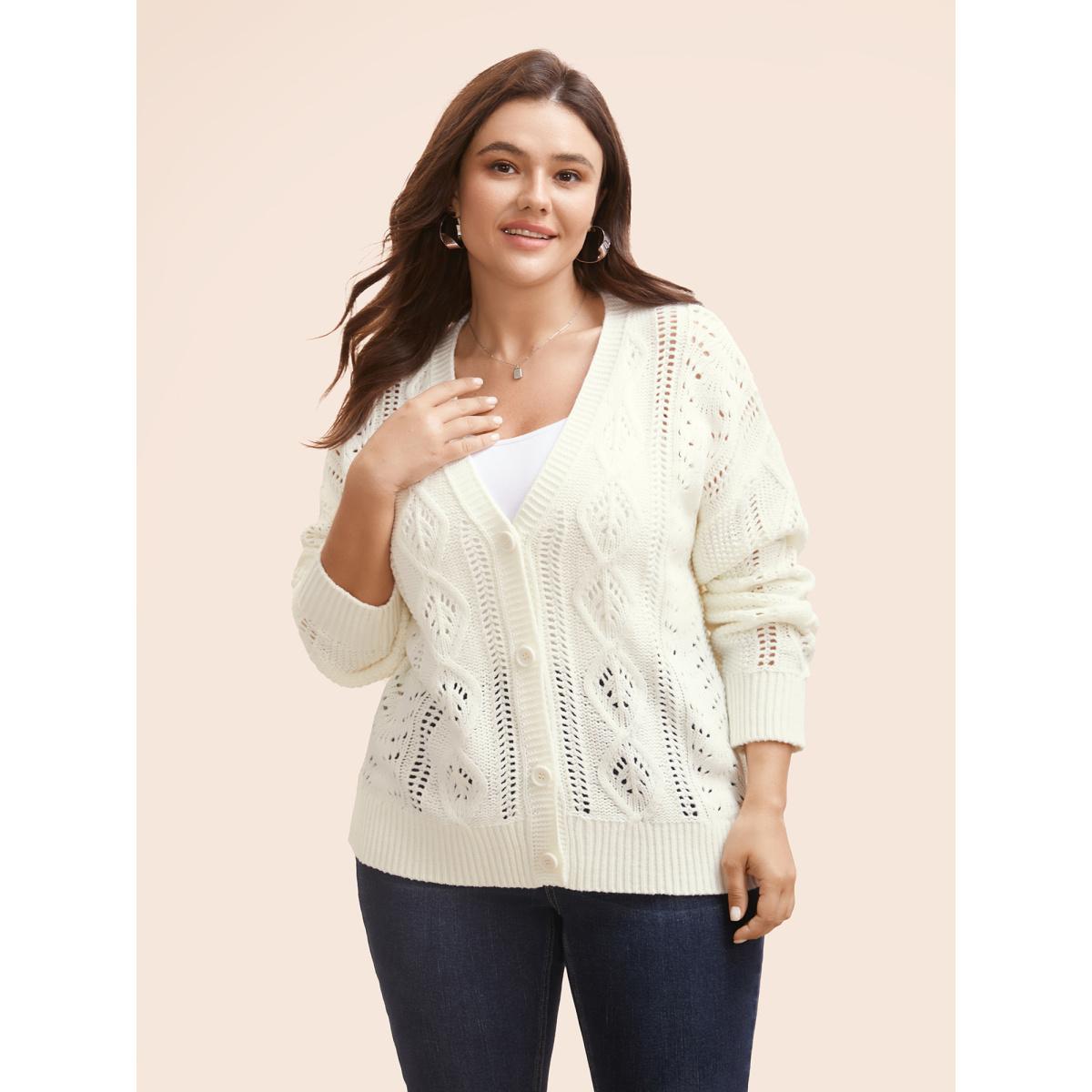 Plus Size Solid Hollow Out Button Up Cardigan Apricot Women Casual Loose Long Sleeve Everyday Cardigans BloomChic 30/6X Product Image