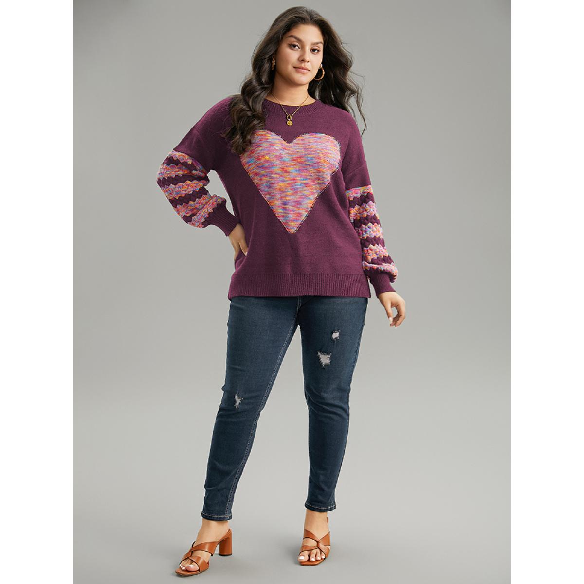 Plus Size Heart Heather Patchwork Crew Neck Pullover RedViolet Women Casual Loose Long Sleeve Round Neck Everyday Pullovers BloomChic 12/L Product Image