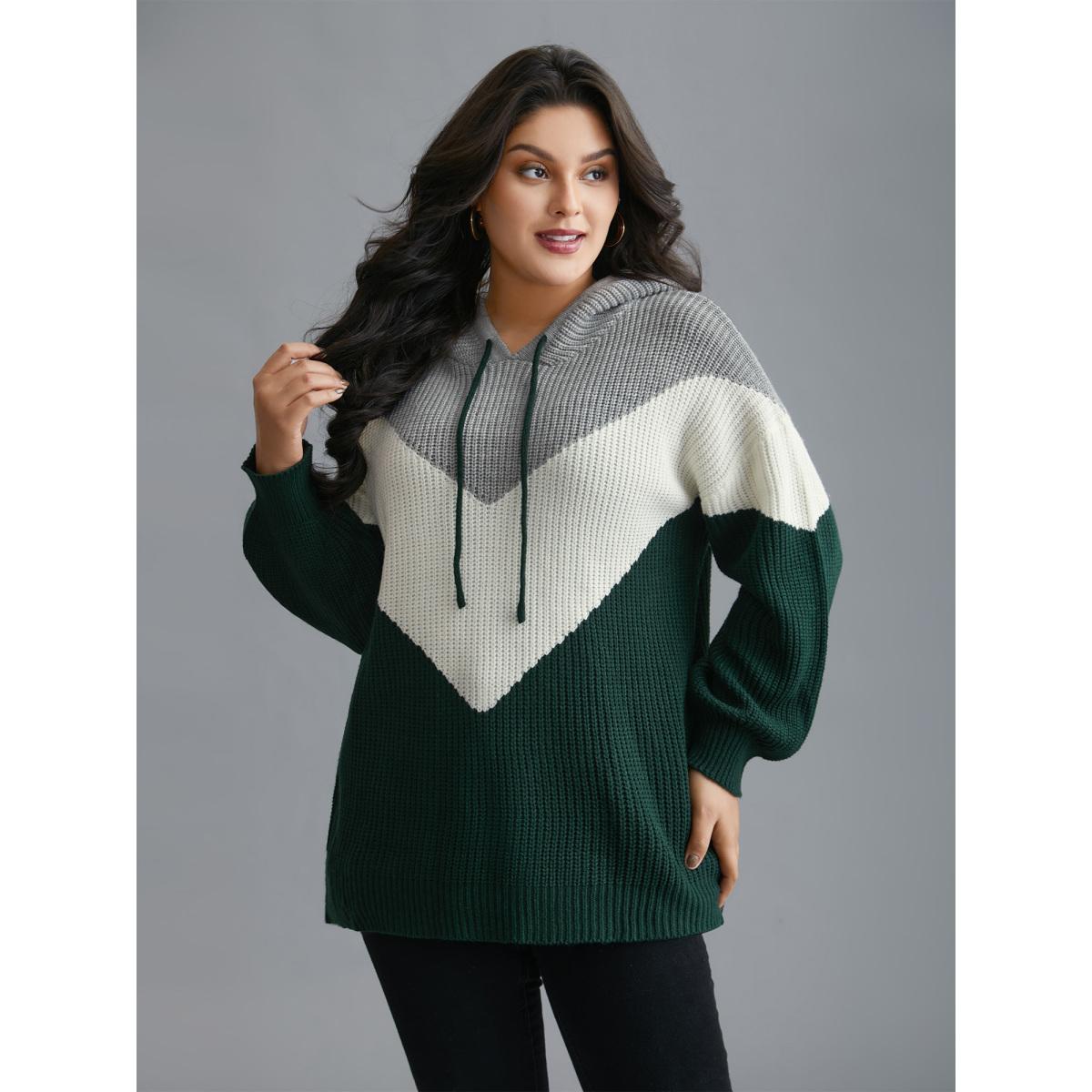 Plus Size Hooded Color Contrast Drop Shoulder Pullover DarkGreen Women Casual Loose Long Sleeve Hooded Everyday Pullovers BloomChic 30/6X Product Image