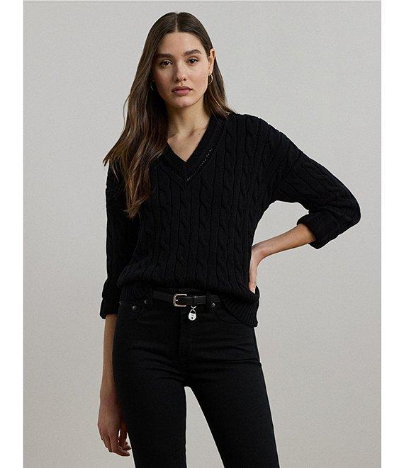 Lauren Ralph Lauren Cable Knit V-Neck Long Sleeve Top Product Image