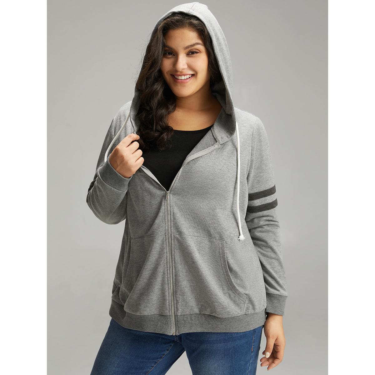 Plus Size Striped Hooded Pocket Zipper Fly Sweatshirt Women Gray Casual Elastic cuffs Hooded Dailywear Sweatshirts BloomChic 28/5X Product Image
